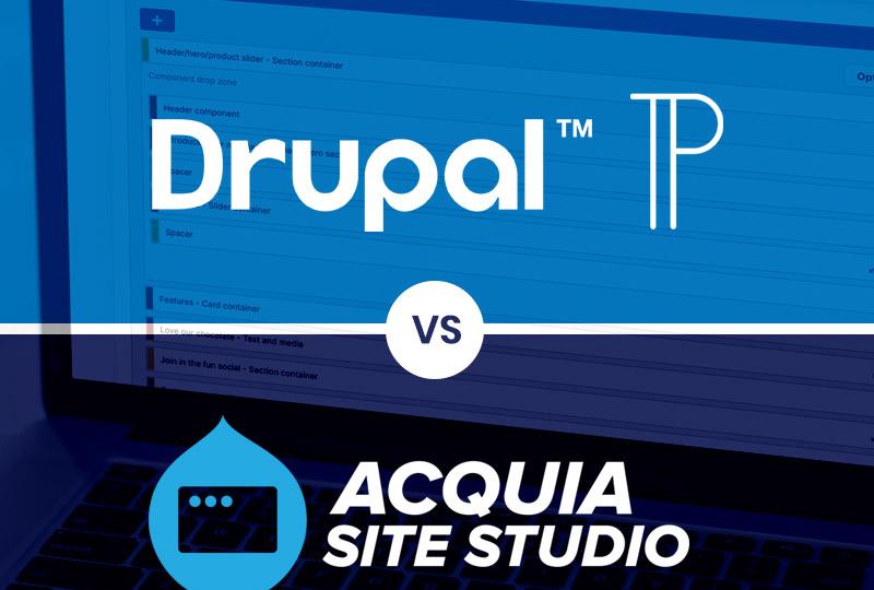 Drupal Paragraphs logo on light blue background and Acquia Site Studio logo on dark bleu background