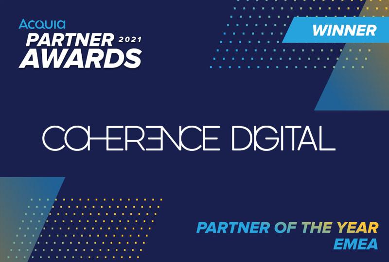 Coherence Digital logo on a dark blue background and Acquia Partner Awards wording for EMEA Partner of the Year